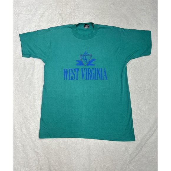 Vrg 90s Screen Stars Teal West Virginia Graphic T-Shirt Single Stitch Size Large - Picture 1 of 9